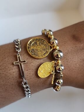 Gold Silver Religious Charm Bracelet Set Cross Coin OS